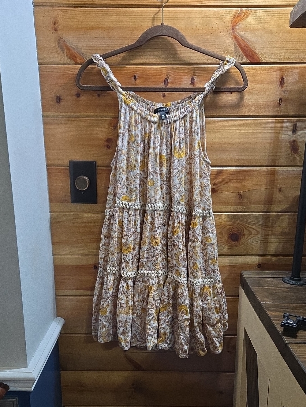 Aqua Floral Tiered Sundress in Beige and Mustard Oversized Boho Small 0704